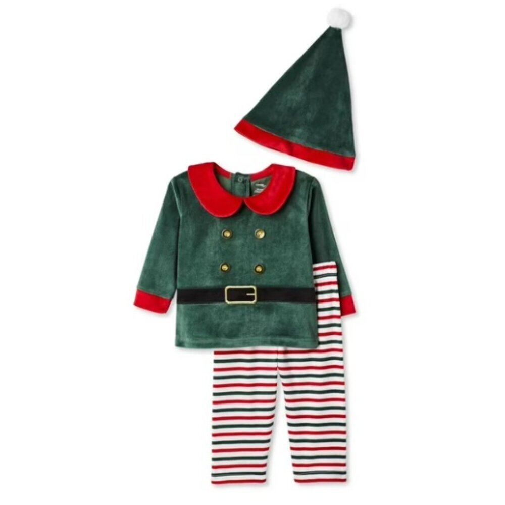 George Elf 3 Piece Set, Red Peter Pan Collar, Festive Christmas Unisex Sz 0-3 Mo